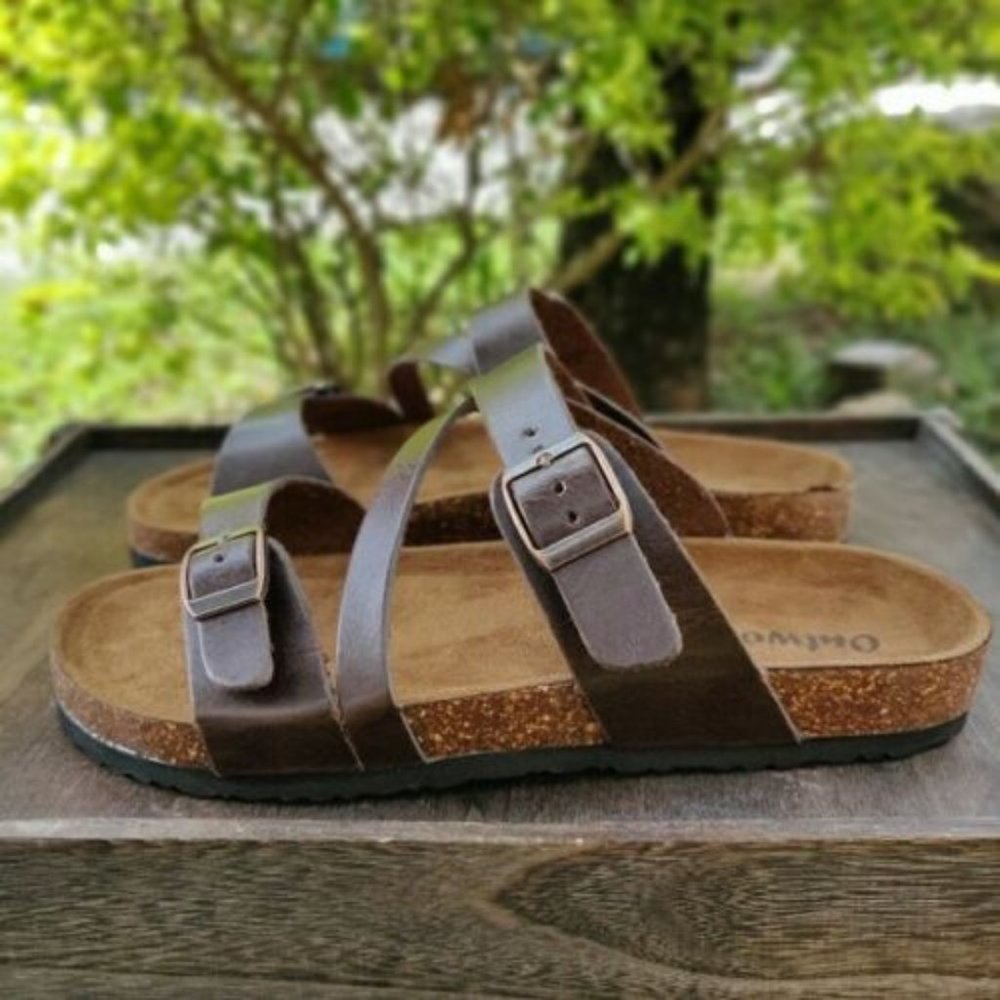 Womens Strappy Buckle Slide Sandals Brown